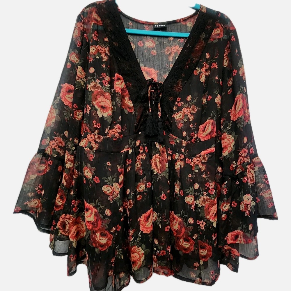 Torrid Sz 2 Sheer Floral Peasant Top Black Red Roses Lace Boho Witchy Whimsigoth